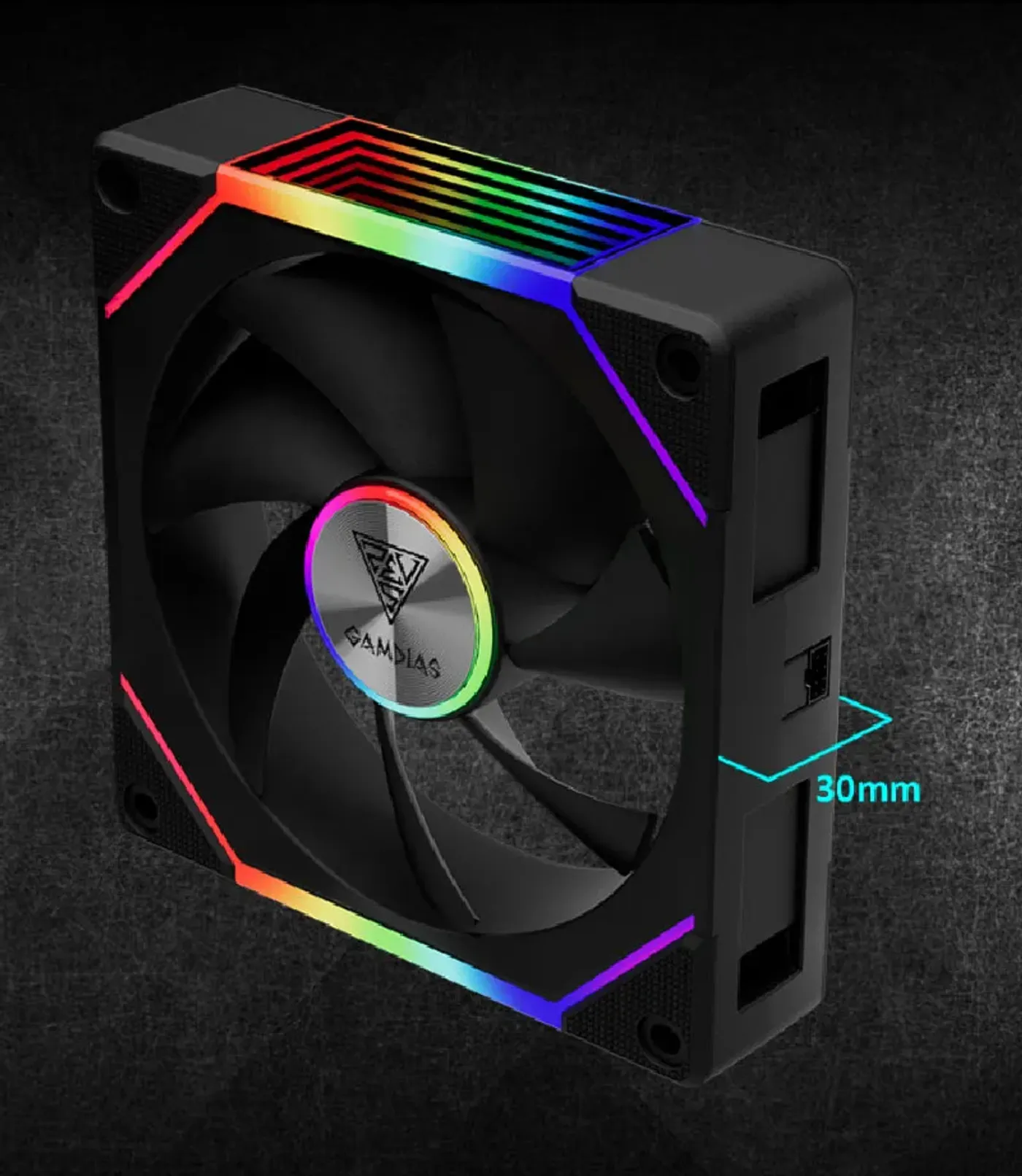 AEOLUS P2-1203 RGB case fan showcasing 30mm frame depth and internal airflow design